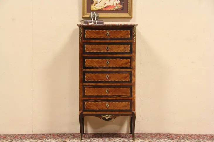 Marble Top French Marquetry 1930 Lingerie Chest