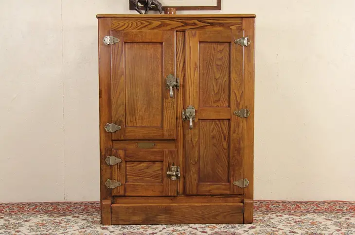 Oak 1900 Antique Paneled Icebox or Bar Cabinet