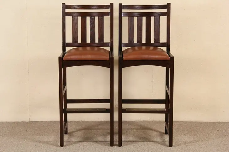Pair of Mission Oak Arts & Crafts Vintage Style Barstool, Leather Seat