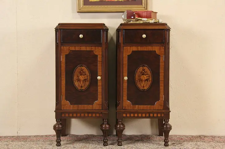 Pair of 1920's Marquetry Nightstands or End Tables