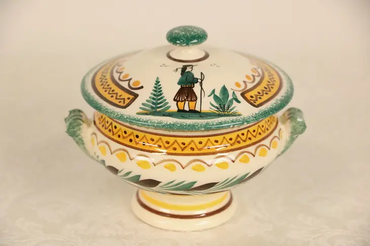 Quimper Signed Covered Pot with Handles, Hand Painted, France