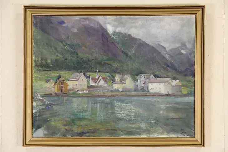 Scandinavian Seaside Village Oil Painting, 1930's, Erik Olsen