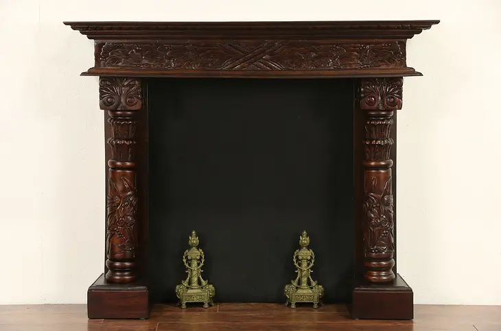 Mahogany Vintage Fireplace Mantel, Hand Carved Columns