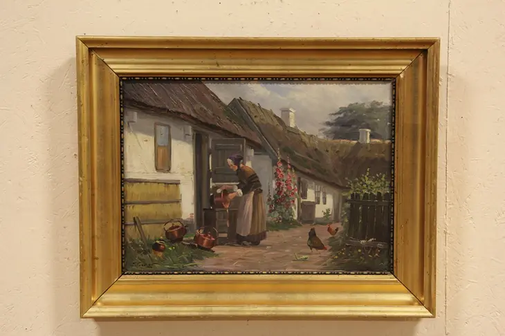Farmyard with Chickens, 1915 Antique Scandinavian Original Oil Painting