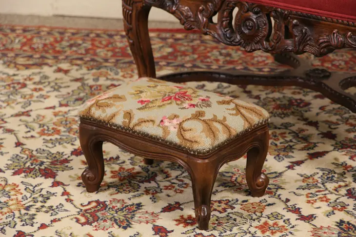 Swedish 1900 Antique Carved Fruitwood Footstool, Needlepoint Upholstery