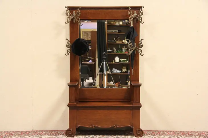 Victorian Antique 1900 Oak Hall Stand with Bench, Mirror & Hooks
