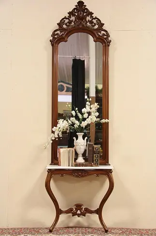 English Victorian Hall or Pier Mirror & Marble Console Table Set