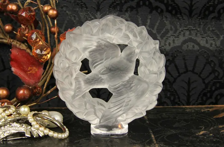 Lalique French Crystal Dove & Wreath Paper Weight