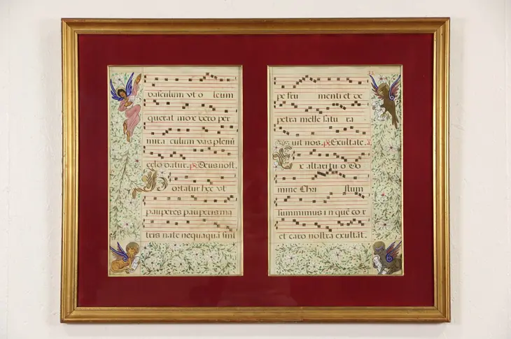 Music Latin Illuminated Manuscript, 2 Sheets 1600's Antique Hand Painted Vellum