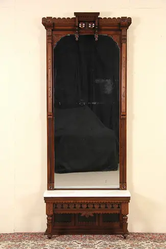 Victorian Eastlake Carved 1885 Hall Pier Mirror, Marble Shelf
