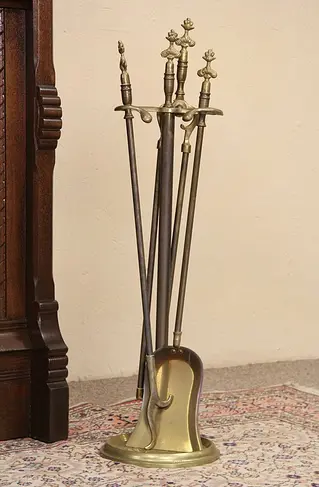 Set of Cast Brass Vintage Fireplace Tools & Stand