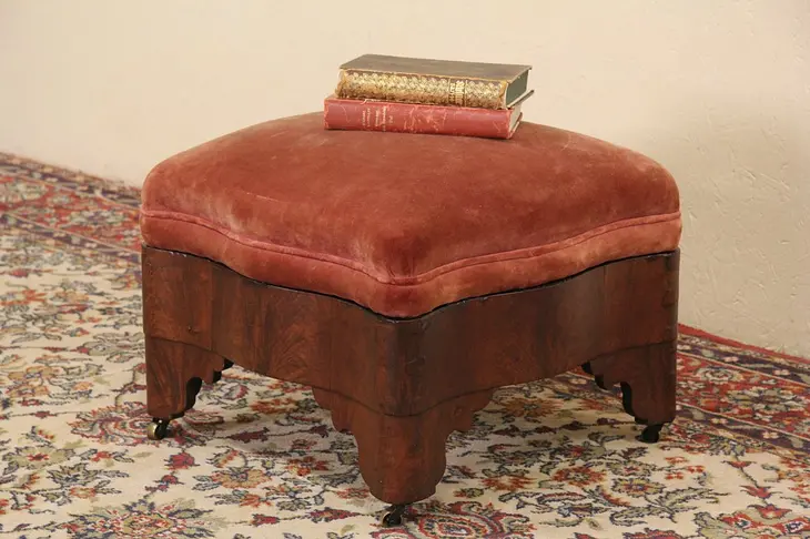 Empire 1840's Antique Footstool, Old Rose Velvet Upholstery