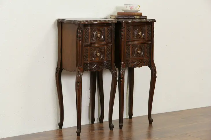 Pair 1920's Carved Walnut French Style Nightstands