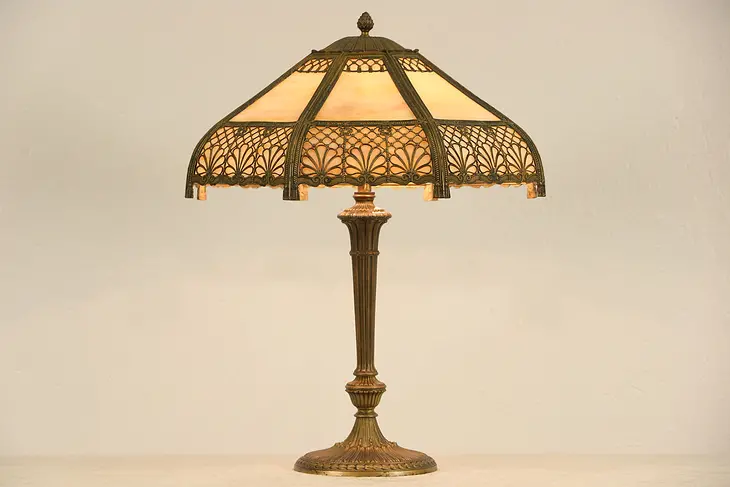 Stained Curved Glass Shade 1915 Antique Table Lamp