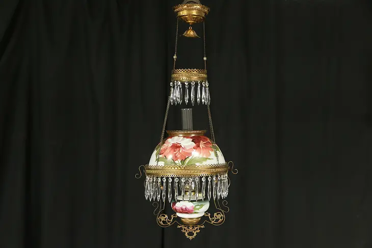 Victorian 1880 Antique Kerosene Light Hanging Oil Lamp, Hand Painted Roses