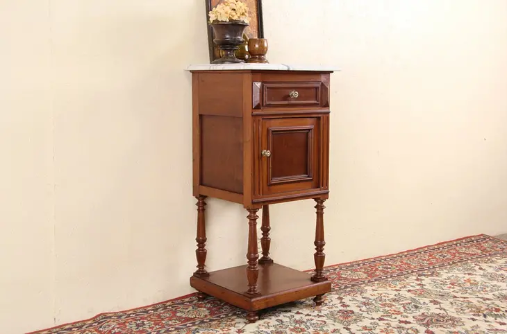 French Antique 1900 Mahogany Nightstand, White Marble Top