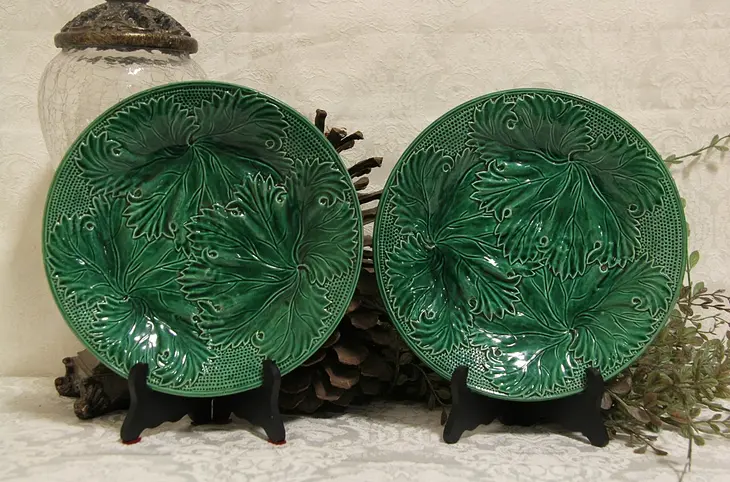 Pair of Majolica 1880 Antique Hand Painted Pottery Leaf Plates