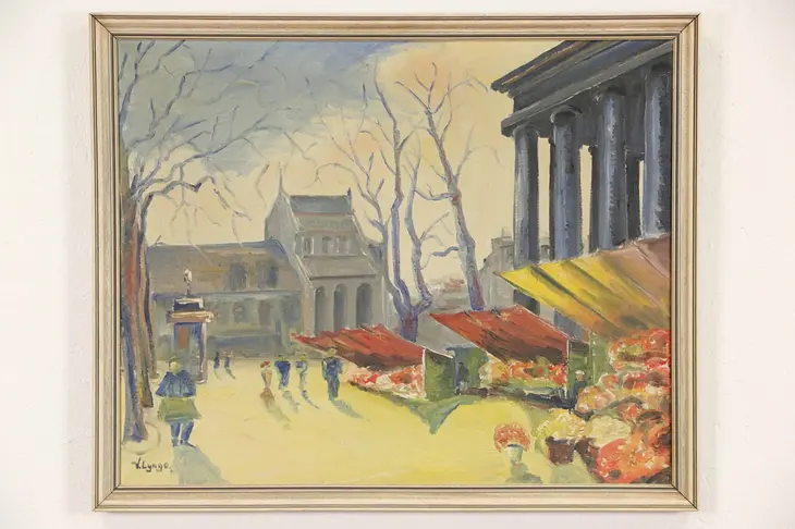 Flower Market 1940 Vintage Scandinavian Oil Painting, Signed Lynge