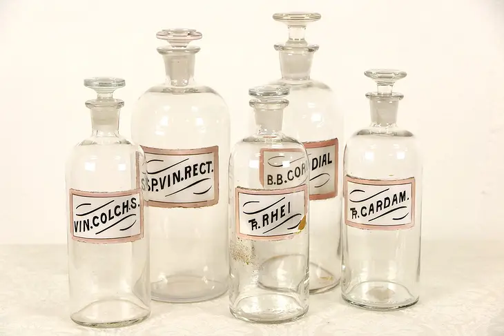 Set of 5 Antique 1880's Apothecary Medical Drug Store Jars, Pink Labels