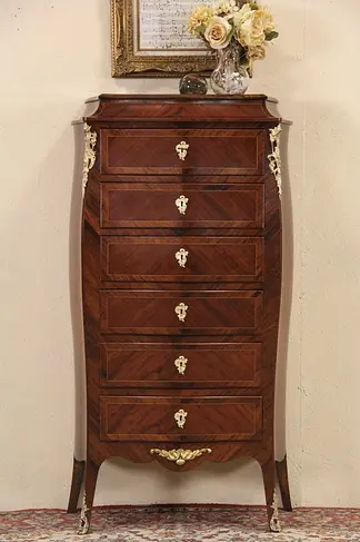 Rosewood Bombe French 1915 Antique Lingerie Chest, Gold Mounts