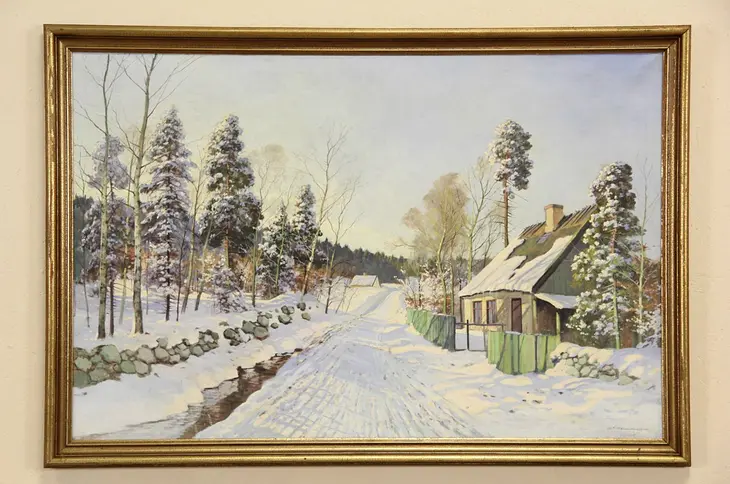 Winter Snow & Cottage, Denmark, Original 1920's Antique Oil Painting, 59" Wide