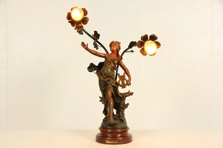 Moreau Signed French 1900 Antique Sculpture Lamp, Prelude of Dawn & Lyre