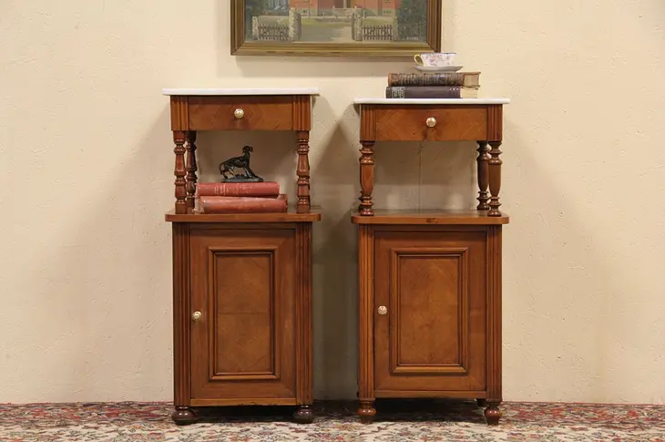 Pair 1900 Antique Marble Top Nightstands, Bedside or End Tables