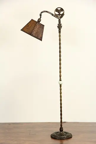 Bridge Reading Antique 1915 Floor Lamp, Original Leather & Parchment Shade