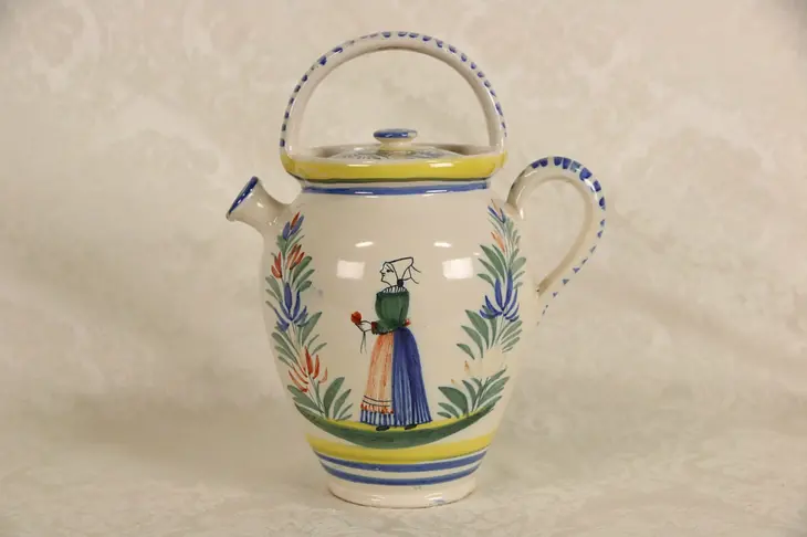 Henriot Quimper Signed Covered Wine Jug, Hand Painted Brittany, France