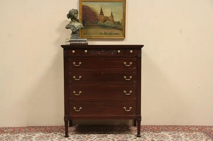 Carved Mahogany 1910 Antique Tall Chest of Drawers