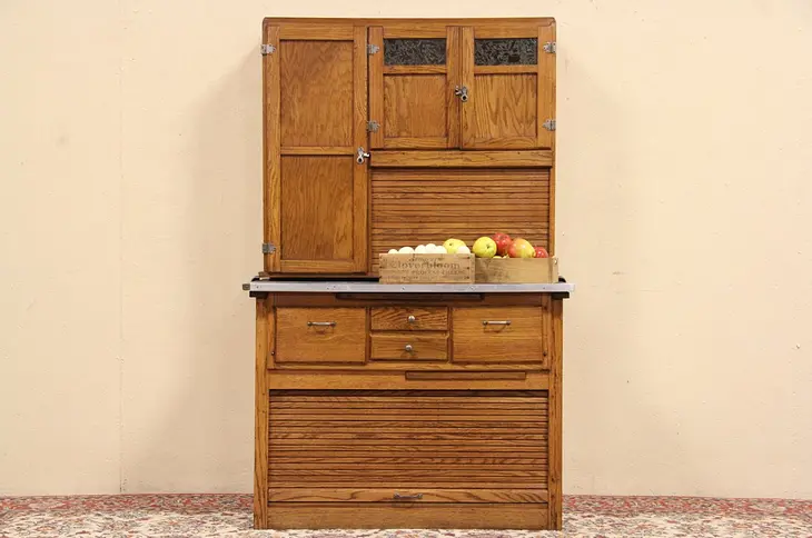 Hoosier Oak 1916 Antique Kitchen Cupboard, 2 Roll Tops