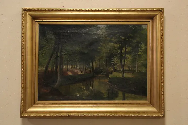 Forest Brook Painting, 1890's Antique Original Oil Painting on Canvas