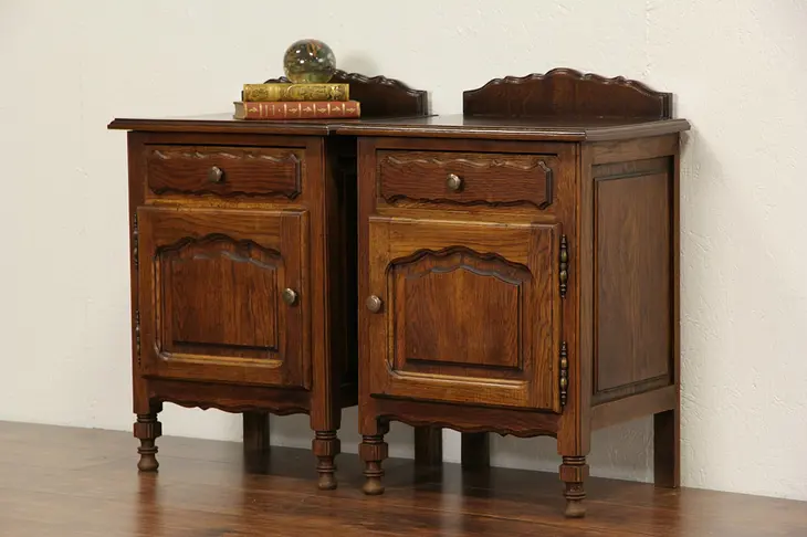 Pair of Country French Carved Oak 1930's Vintage Nightstands