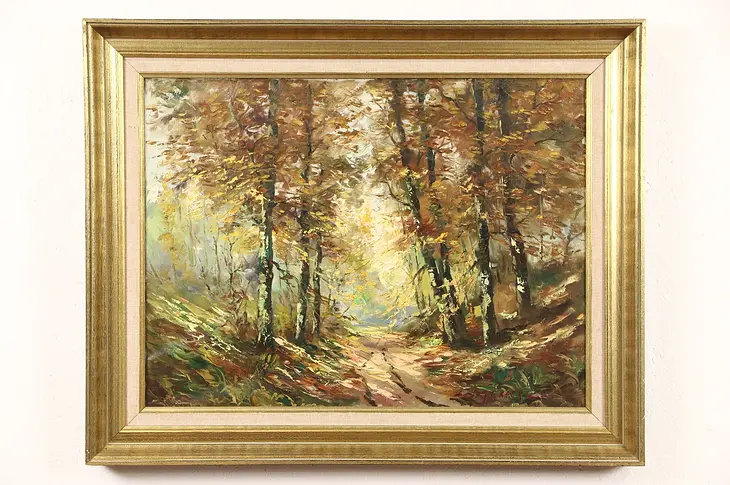 Autumn Forest Path, Original Scandinavian Oil Painting, 1950's Vintage, Signed