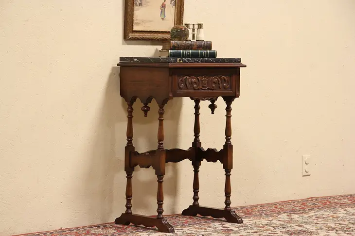 Black Marble Top 1925 Carved Nightstand or Lamp Table