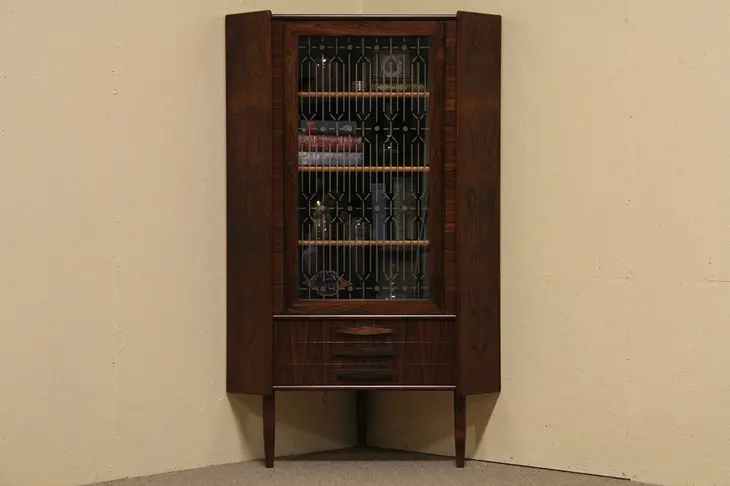 Danish Midcentury Rosewood Corner Cabinet with Etched Glass