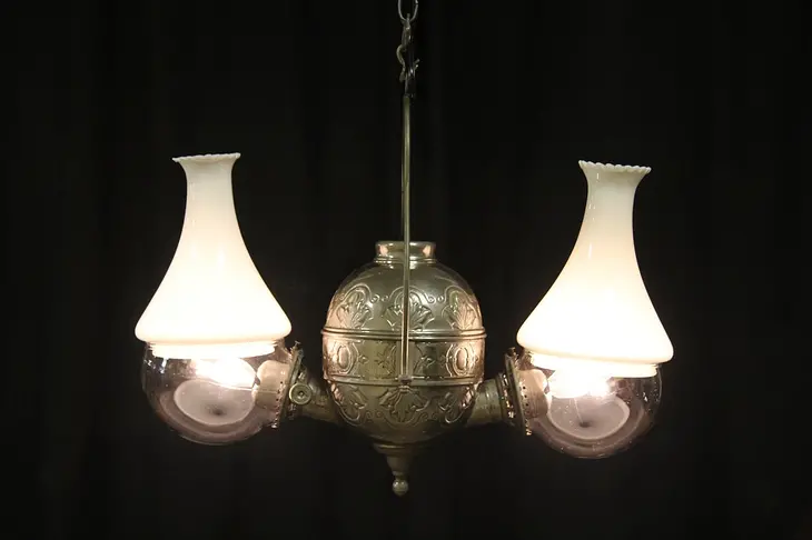 Angle NY 1890's Double Kerosene Hanging Lamp, Electrified