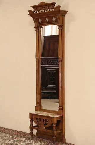 Victorian Oak 1880 Pier or Hall Mirror, Onyx Shelf