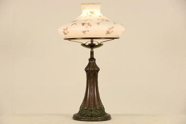 Table Lamp, 1915 Antique, Hand Painted Milk Glass Shade