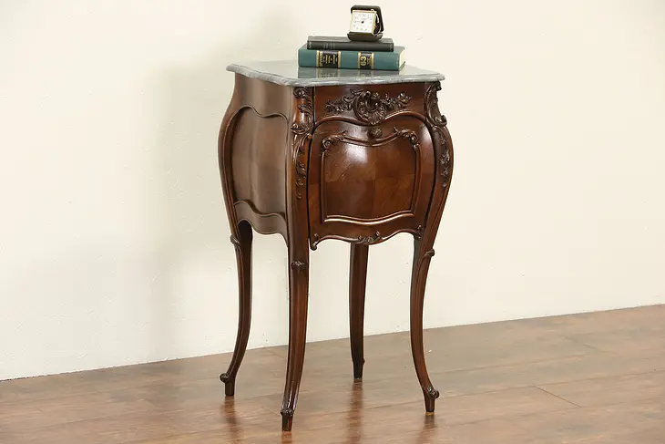 French 1900 Antique Hand Carved Walnut Nightstand or Pedestal, Marble Top