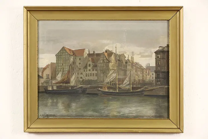 Sailboat in Harbor, Danish Antique Original Oil Painting, Signed Jacobsen 1918