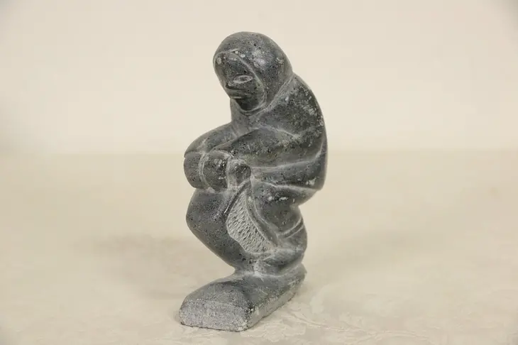 Inuit Hand Carved Soapstone Sculpture of Crouching Woman