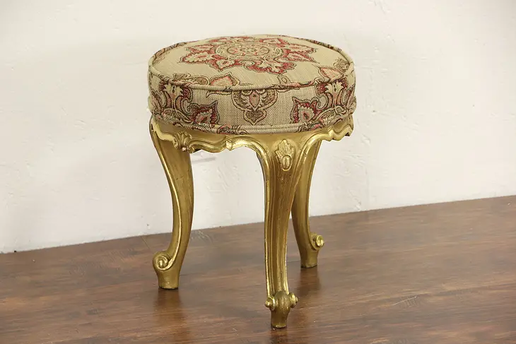 Italian Carved Burnished Gold 1920 Salon Stool, New Upholstery