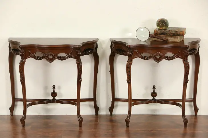 Pair of Carved 1930's Vintage Walnut End Tables