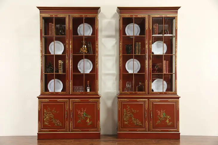 Pair Vintage Chinese Style Hand Painted Lacquer Curio or China Cabinets, Signed