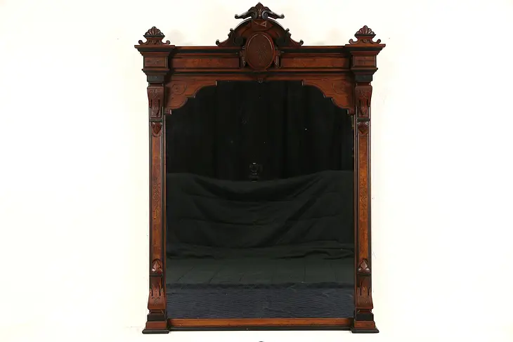 Victorian Renaissance 1870's Antique Walnut & Burl Fireplace Mirror