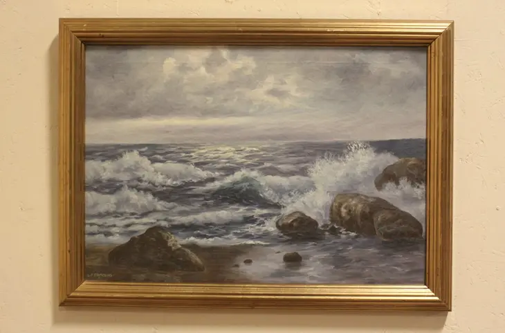Turbulent Sea & Crashing Rocks, Original L. Fromming Oil Painting
