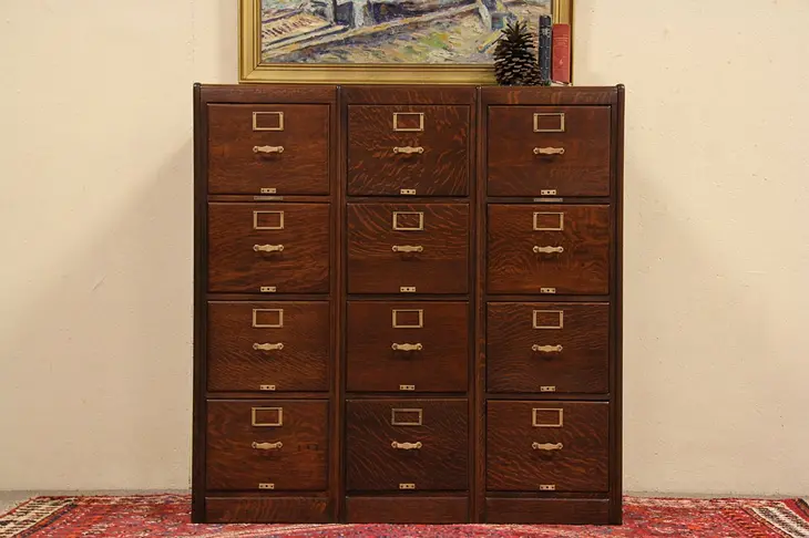 Triple Oak 12 Drawer Antique 1900 Library File Cabinet