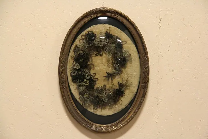 Victorian 1890 Antique Hair Wreath Family Memento, Oval Frame