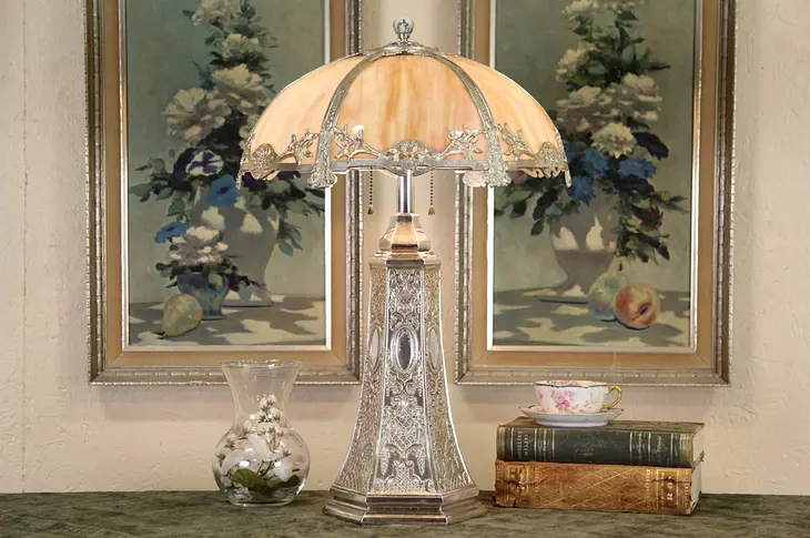 Table Lamp, Silver & Curved Stained Glass Shade, 1915 Antique
